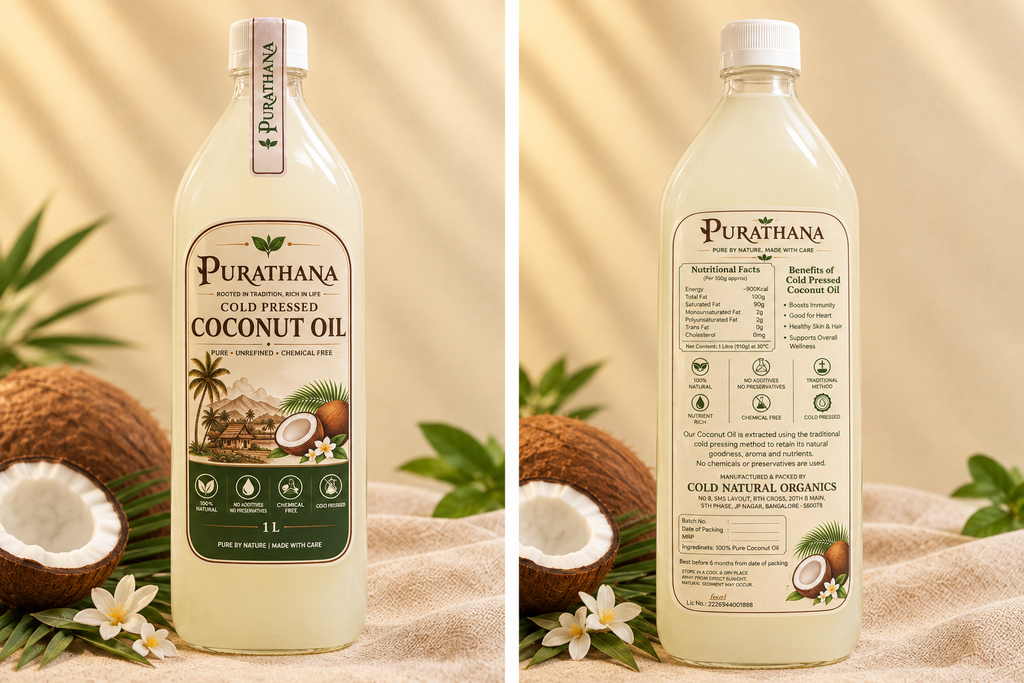 Purathana Cold Pressed Coconut Oil - 1L Bottle Front & Back on Burlap