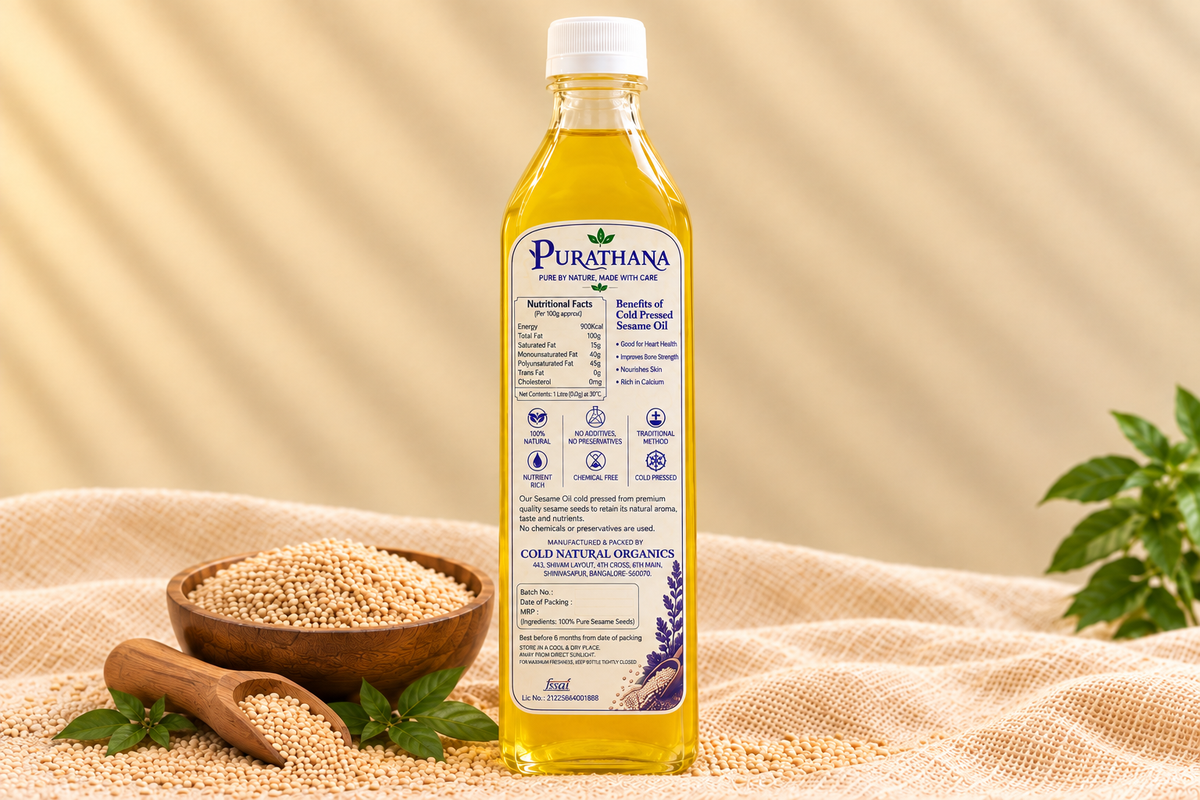 Purathana Cold Pressed Sesame Oil (Gingelly) - 1L Bottle Back Nutrition Panel
