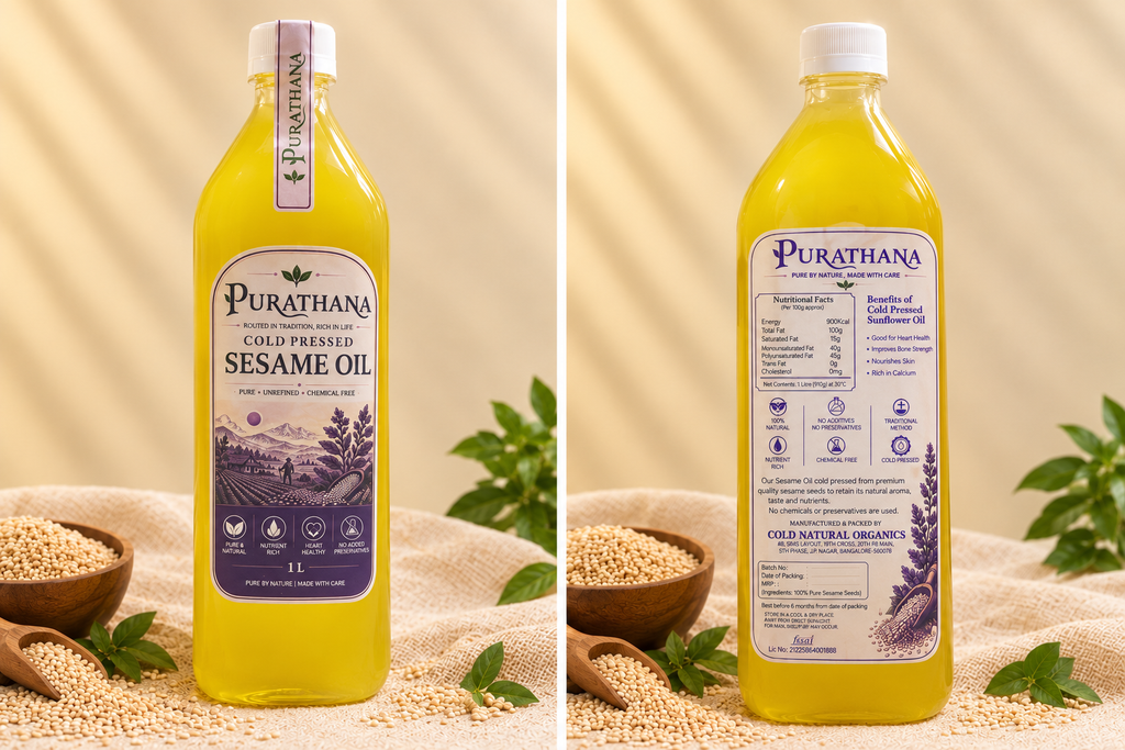 Purathana Cold Pressed Sesame Oil (Gingelly) - 1L Bottle Front & Back on Burlap