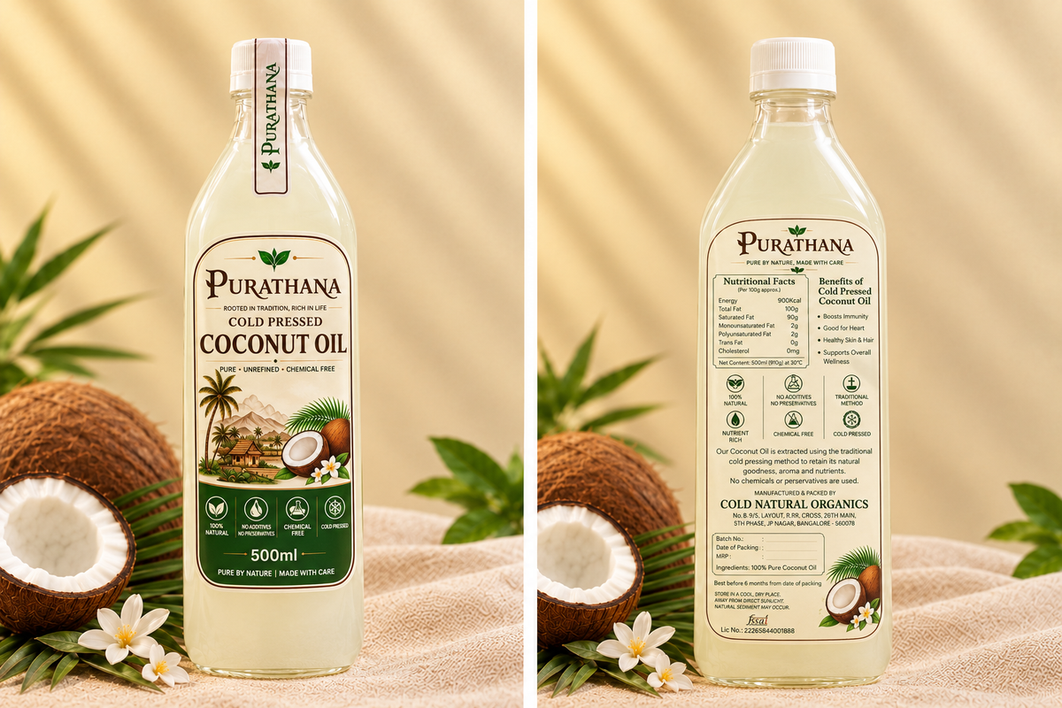 Purathana Cold Pressed Coconut Oil - 500ml Bottle Front & Back on Burlap