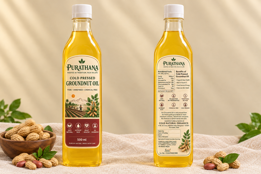 Purathana Cold Pressed Groundnut Oil - 500ml Bottle Front & Back on Burlap