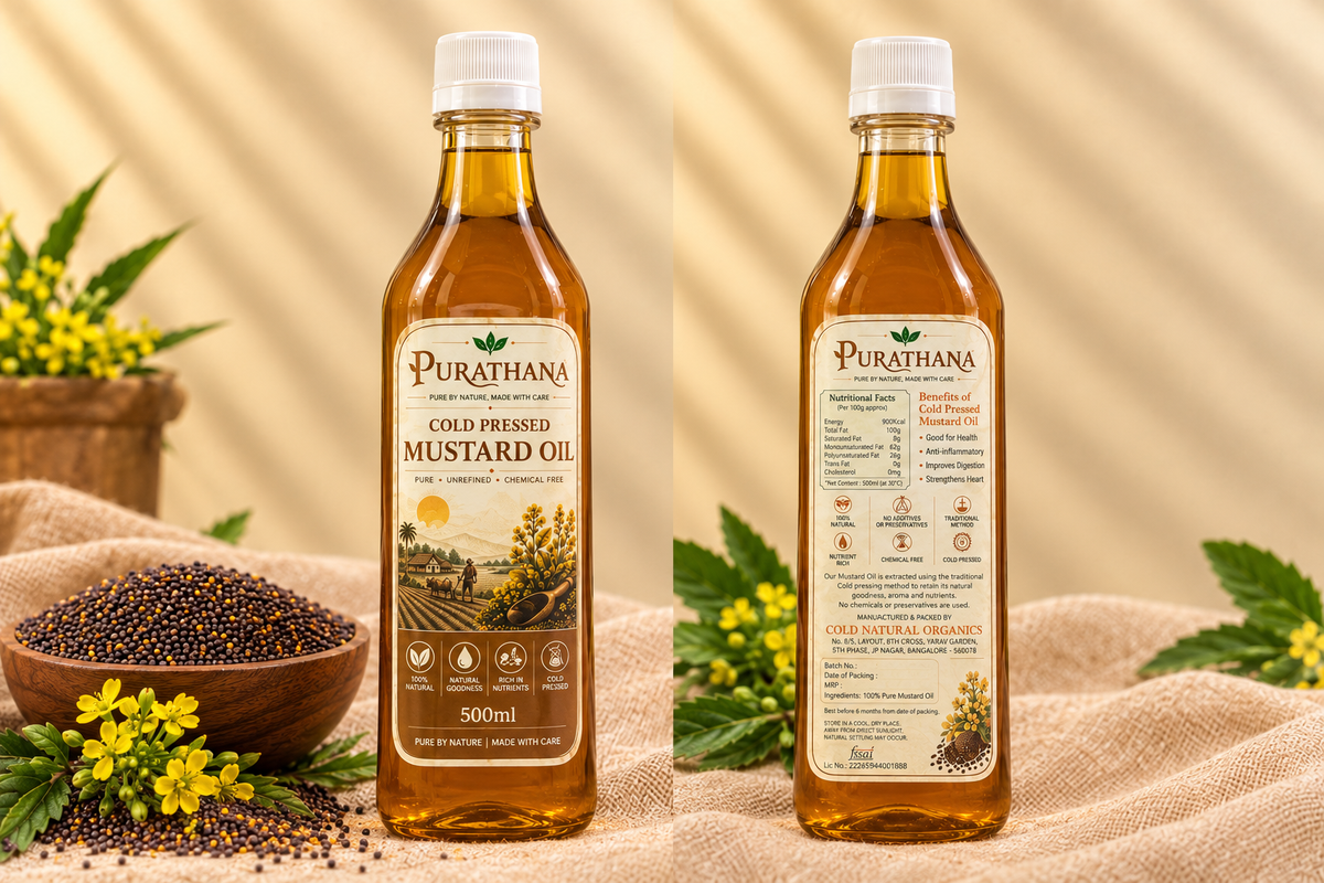 Purathana Cold Pressed Mustard Oil - 500ml Bottle Front & Back on Burlap