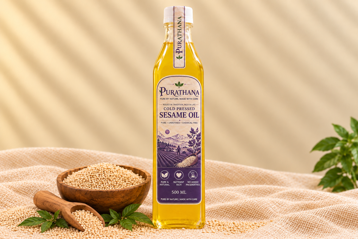 Purathana Cold Pressed Sesame Oil (Gingelly) - 500ml Bottle Front on Burlap