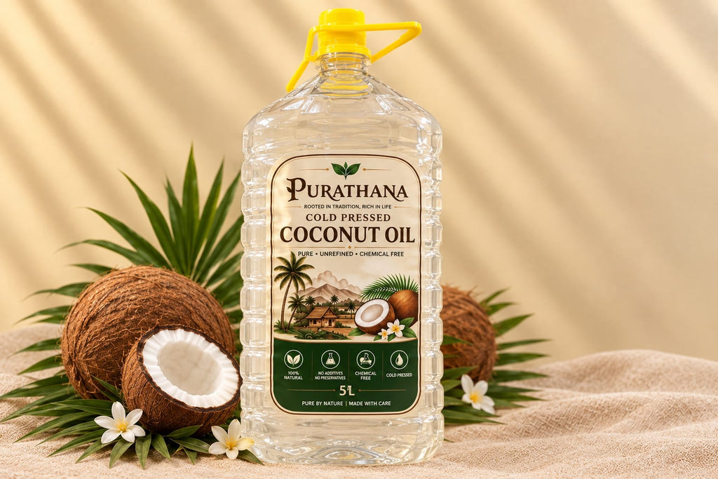 Purathana Cold Pressed Coconut Oil - 5L Can Front on Burlap