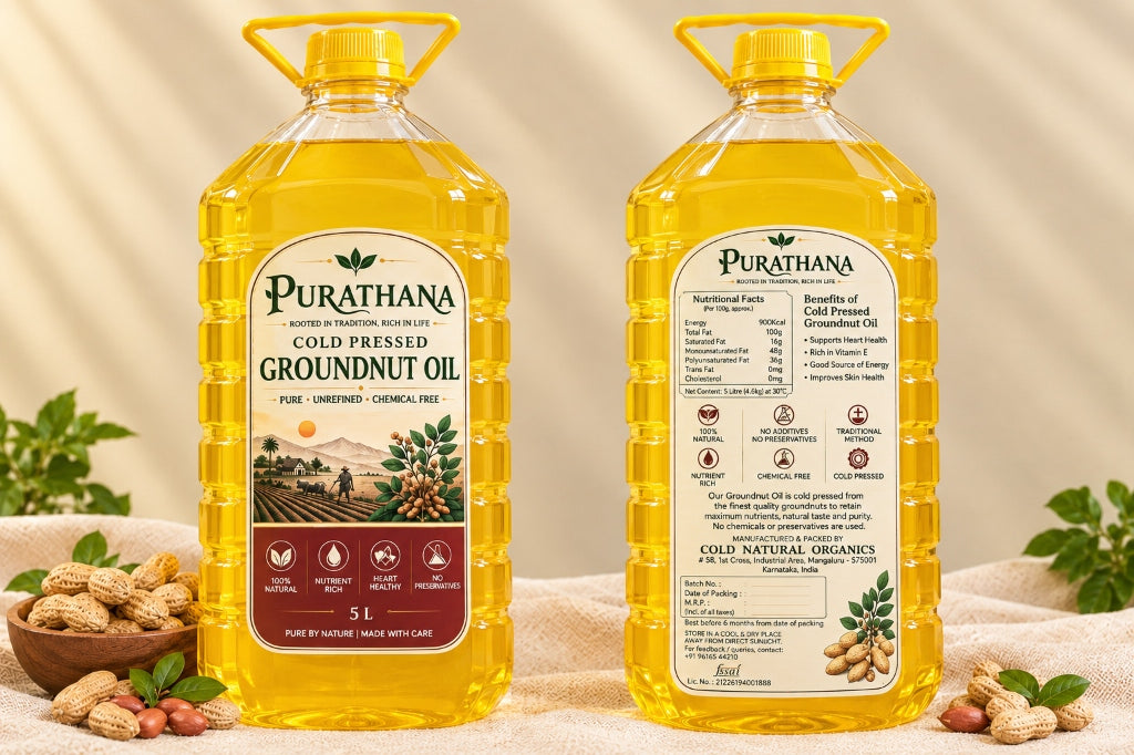 Purathana Cold Pressed Groundnut Oil - 5L Canister Pair Front & Back with Fresh Peanuts