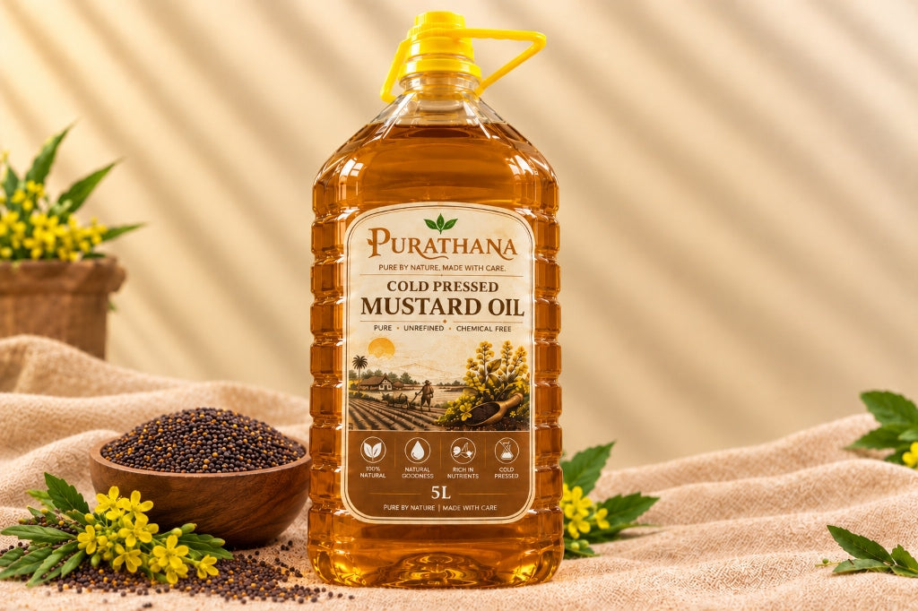 Purathana Cold Pressed Mustard Oil - 5L Canister Front with Mustard Seeds Bowl