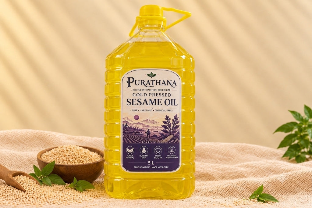Purathana Cold Pressed Sesame Oil - 5L Canister Front with Sesame Seeds Bowl