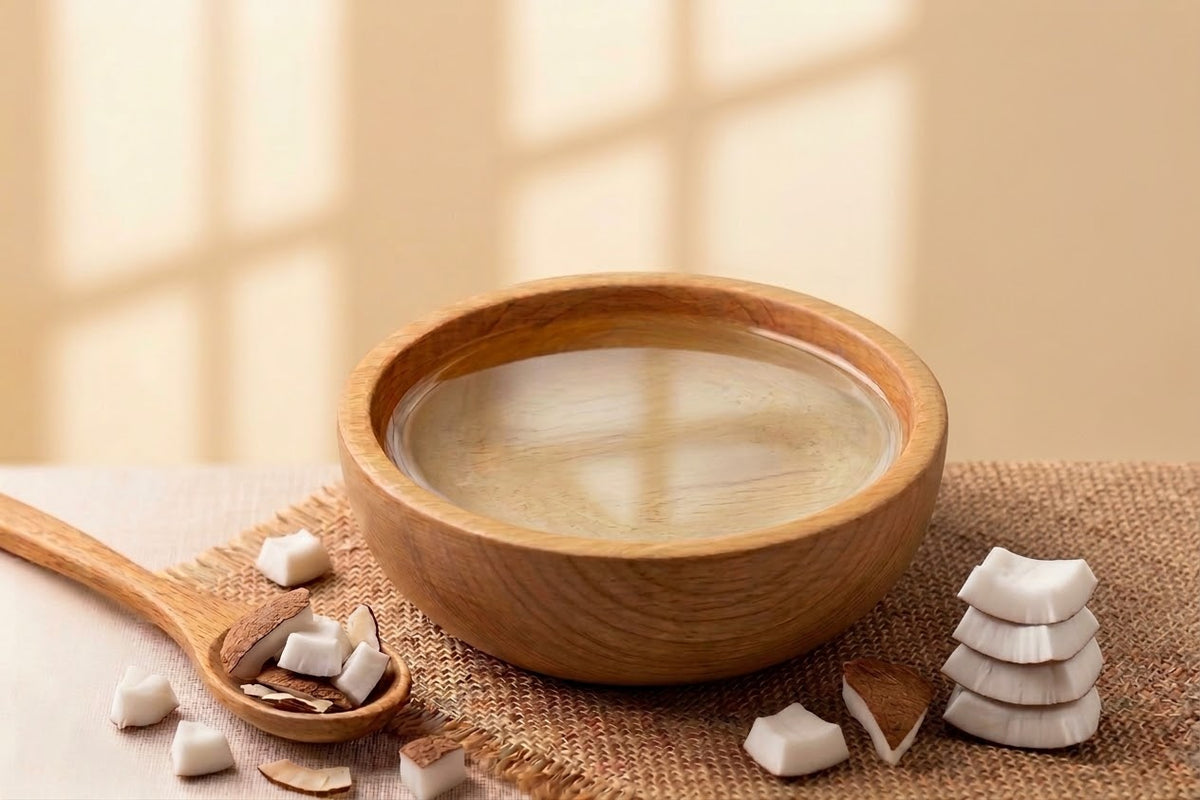 Purathana Cold Pressed Coconut Oil - Wooden Bowl with Crystal Clear Coconut Oil & Copra