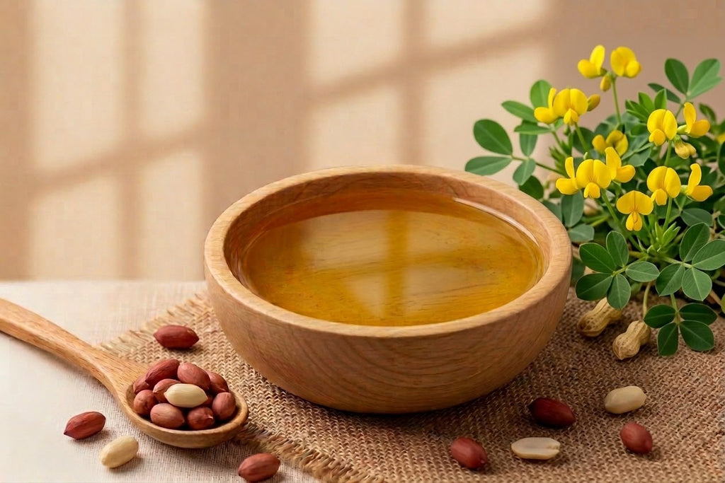 Purathana Cold Pressed Groundnut Oil - Wooden Bowl with Golden Oil & Peanuts