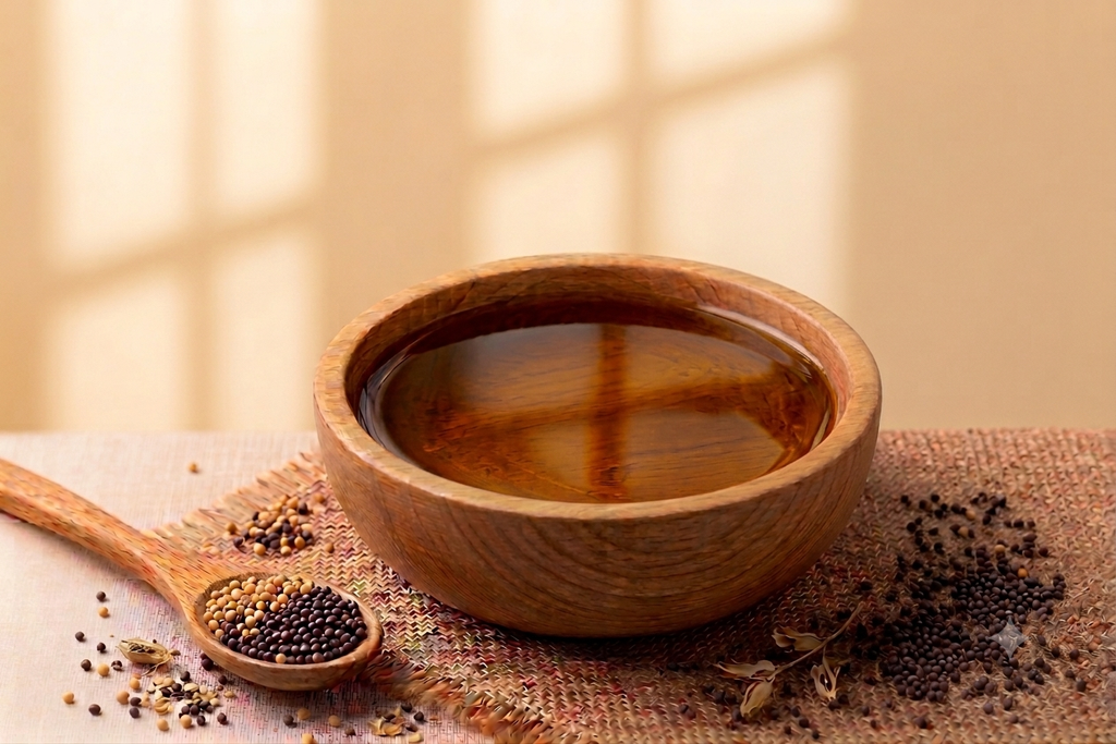 Purathana Cold Pressed Mustard Oil - Wooden Bowl with Pungent Oil & Black Mustard Seeds