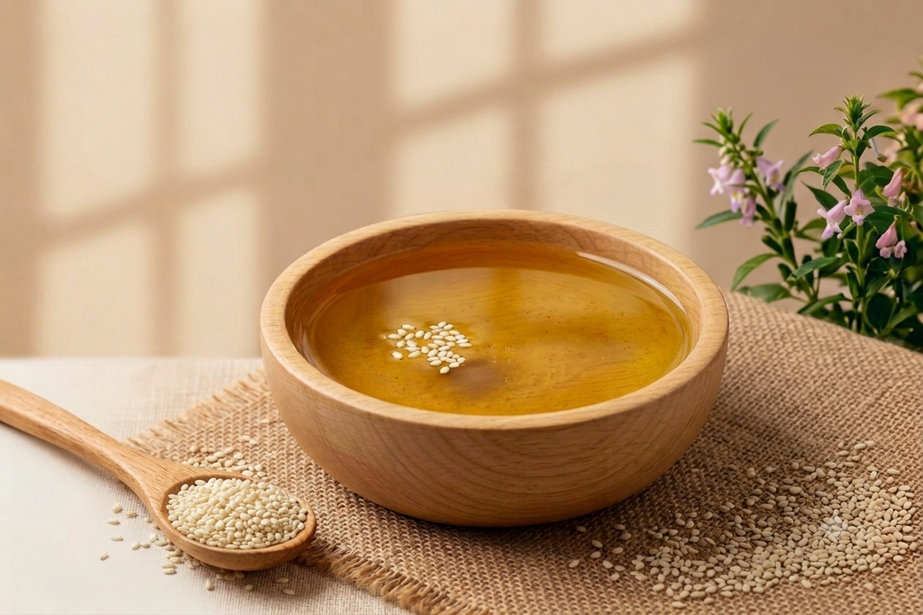 Purathana Cold Pressed Sesame Oil (Gingelly) - Wooden Bowl with Ruby-Amber Sesame Oil & Seeds