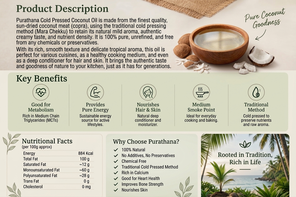 Purathana Cold Pressed Coconut Oil - Benefits & Nutrition Infographic