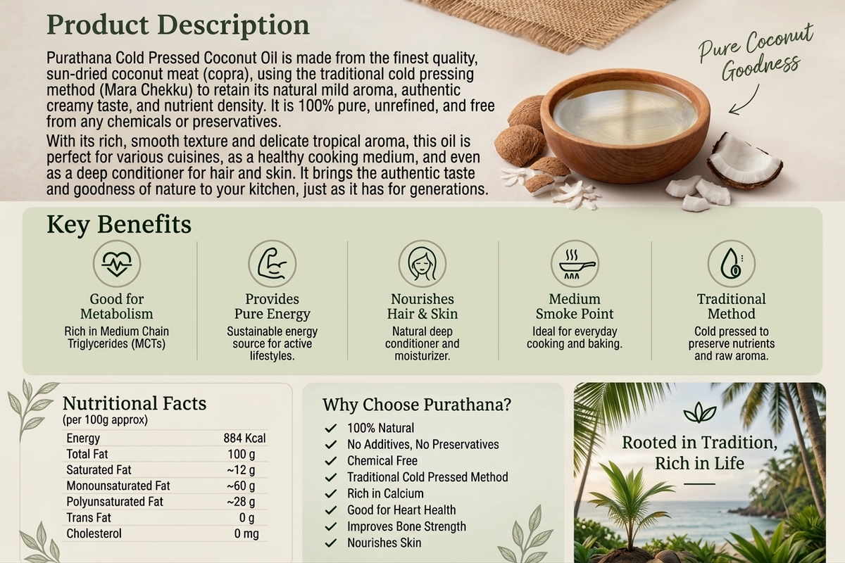 Purathana Cold Pressed Coconut Oil - Benefits & Nutrition Infographic