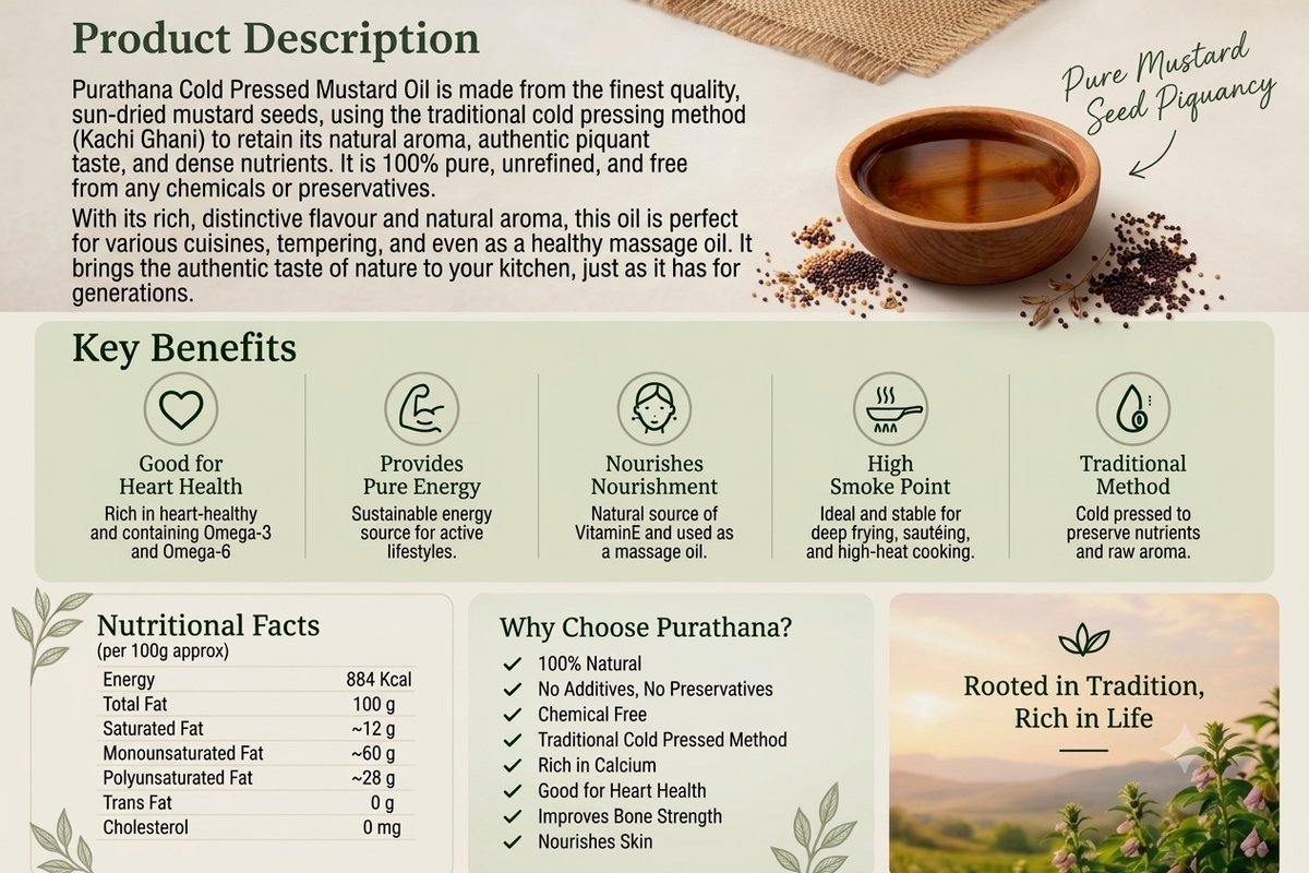 Purathana Cold Pressed Mustard Oil - Benefits & Nutrition Infographic