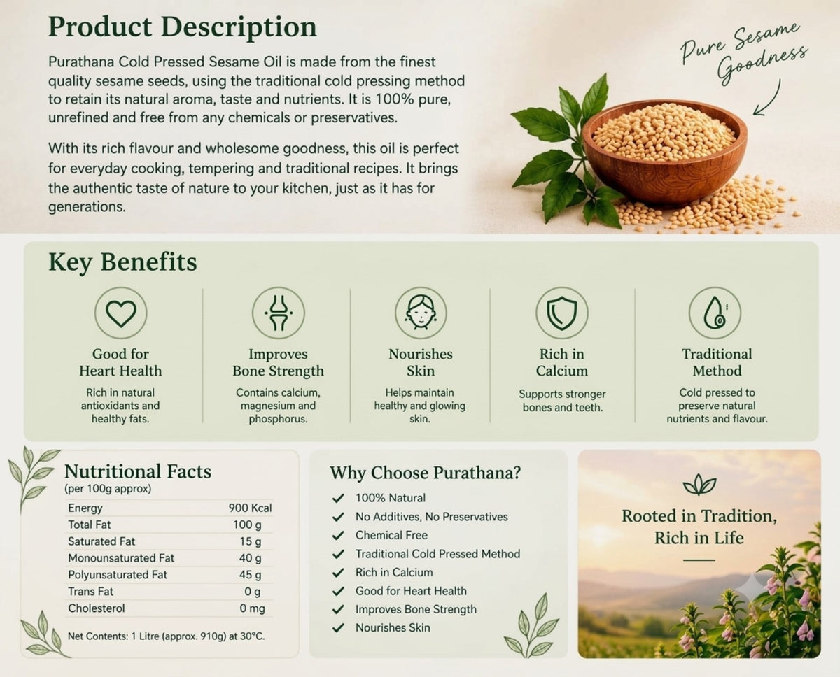 Purathana Cold Pressed Sesame Oil (Gingelly) - Benefits & Nutrition Infographic